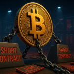 A digital illustration shows a towering Bitcoin chained to massive short contract weights in a derivatives exchange pit - Cover art/illustration via CryptoSlate.