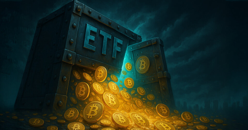 A massive steel ETF gate cracks open, releasing streams of glowing Bitcoin coins under stormy skies with faint stock tickers in the background - Cover art/illustration via CryptoSlate.