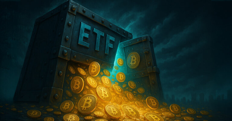 A massive steel ETF gate cracks open, releasing streams of glowing Bitcoin coins under stormy skies with faint stock tickers in the background - Cover art/illustration via CryptoSlate.