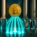 Seven neon-cyan beams lift a golden Bitcoin before a sunlit neoclassical exchange façade, symbolizing a weeklong streak of ETF inflows