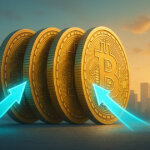 Four giant Bitcoin coins stand like dominoes as glowing arrows push inward against a city skyline backdrop - Cover art/illustration via CryptoSlate.