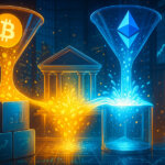 a trading floor shows giant Bitcoin-gold and Ethereum-blue funnels pouring glowing particle streams into a surging central reservoir, symbolizing massive ETF inflows without any text in-image.