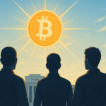 Three silhouetted figures raise their fists toward a glowing Bitcoin symbol above the FOMC building, symbolizing bullish trader sentiment ahead of the update - Cover art/illustration via CryptoSlate.