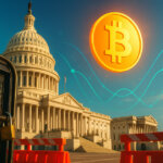 A bright, cinematic view of the U.S. Capitol behind barricades with a glowing Bitcoin coin and floating probability curves in the sky, symbolizing shutdown risks and market odds.