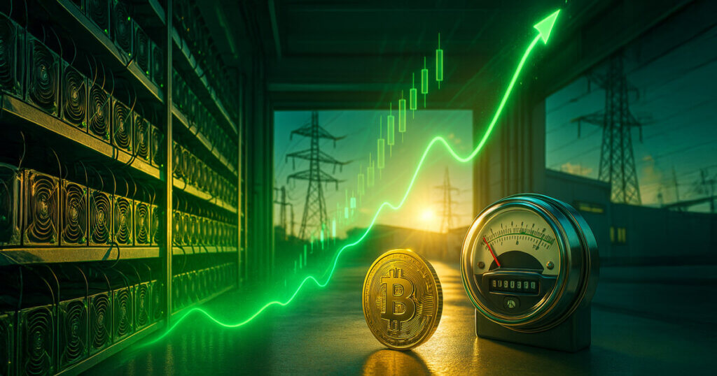 rows of ASIC miners and a glowing green hashrate arc rising toward a sunlit substation beside a Bitcoin coin and an amped power meter.