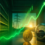 rows of ASIC miners and a glowing green hashrate arc rising toward a sunlit substation beside a Bitcoin coin and an amped power meter.