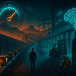 A split-scene shows a miner at a crossroads between glowing Bitcoin ASIC halls under a maxed hashrate gauge and a neon AI data center competing for the same power grid