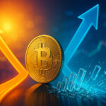 A gleaming Bitcoin coin stands between a rising warm-toned arrow and a descending cool-blue arrow as glass dominoes shatter beside festive bokeh, symbolizing thinning leverage and a fork between bullish and bearish paths.