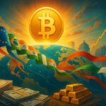 A bright, cinematic 16:9 scene shows a gleaming Bitcoin rising over a glowing world map, with racing country flags, central bank architecture, currencies and gold, and abstract upward charts symbolizing nations accelerating adoption.