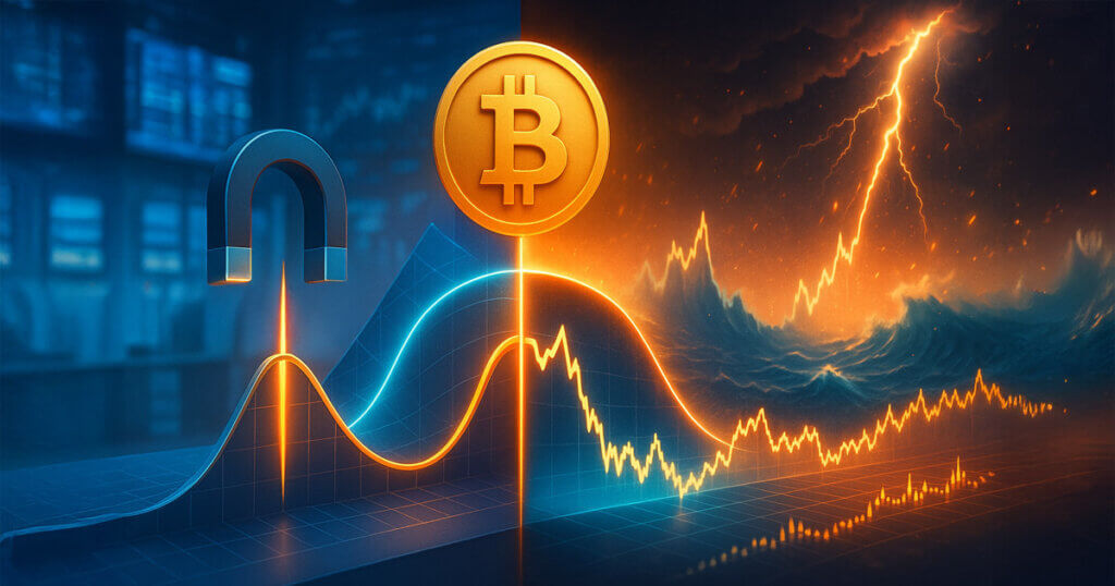 a cool-blue “pinned” side with a magnet clamping a price needle against a gamma ridge, and a warm, stormy “wild later” side where lightning and towering waves surround a surging Bitcoin chart beneath a glowing ₿ coin.