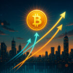 A bright cinematic scene shows glowing forecast lines from multiple directions converging on a radiant Bitcoin emblem above a vivid skyline, symbolizing 2026 targets coalescing.