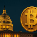 The U.S. Capitol dome glows beside a large golden Bitcoin symbol against a deep blue backdrop.