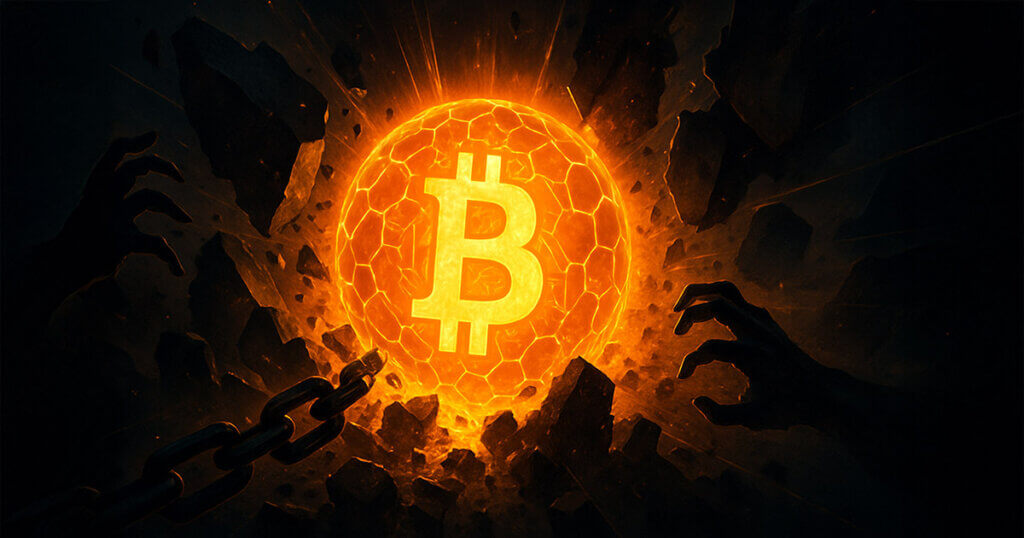 A brighter, glowing orange network sphere with an embossed Bitcoin logo radiates through shattered stone and broken chains as shadowy hands recoil in a dramatic 16:9 composition.
