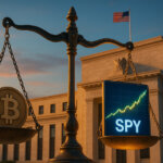 Scales of justice balance Bitcoin against SPY charts outside the Federal Reserve building at sunset - Cover art/illustration via CryptoSlate.