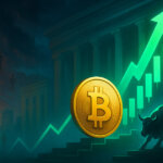 A large Bitcoin coin is shown rising alongside a bullish market chart in front of government buildings, symbolizing price gains despite economic downturn - Cover art/illustration via CryptoSlate