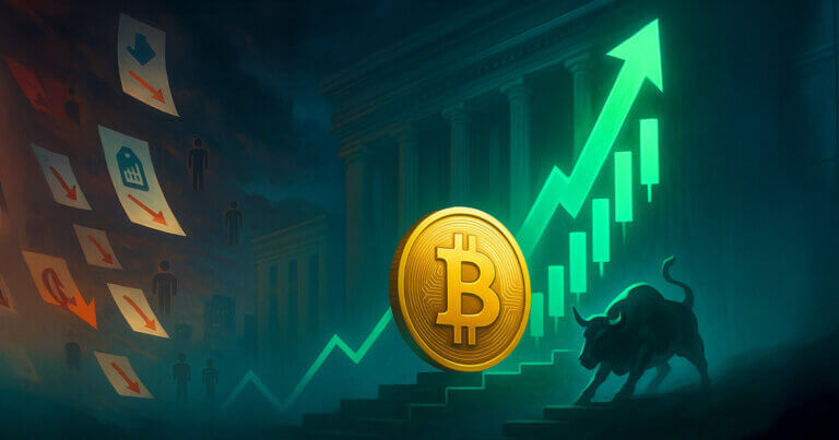 A large Bitcoin coin is shown rising alongside a bullish market chart in front of government buildings, symbolizing price gains despite economic downturn - Cover art/illustration via CryptoSlate