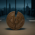A cracked Bitcoin coin sits on a corporate boardroom table with a city skyline backdrop - Cover art/illustration via CryptoSlate.