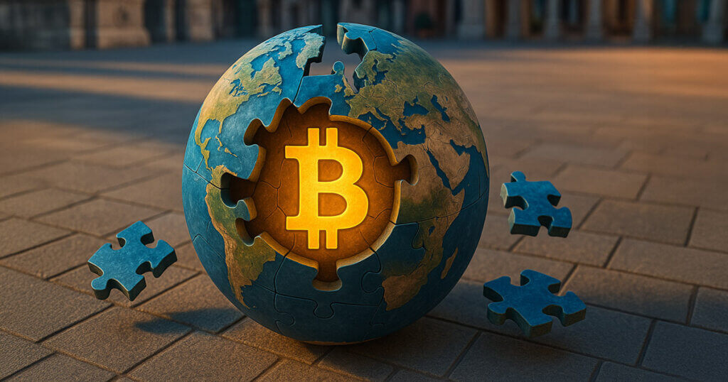 Earth as puzzle pieces encircles a glowing Bitcoin core, set in a sunlit plaza with classical architecture - Cover art/illustration via CryptoSlate.