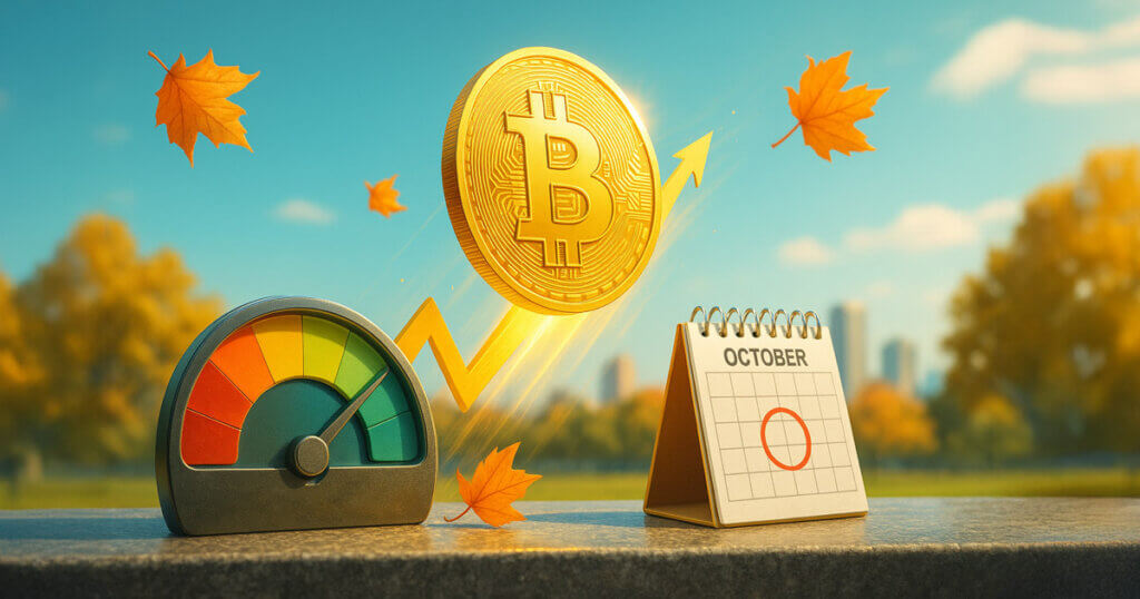 A bright 16:9 scene shows a shining Bitcoin arcing upward beside a color-band fear gauge easing toward green and a circled October calendar page amid drifting autumn leaves.