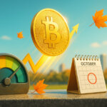 A bright 16:9 scene shows a shining Bitcoin arcing upward beside a color-band fear gauge easing toward green and a circled October calendar page amid drifting autumn leaves.