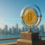 a gold Bitcoin stabilized inside a glass gyroscope on a granite pedestal as a jagged red line smooths into a calm green trend over a sunlit skyline.