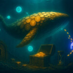 An underwater Bitcoin whale made of glowing coins awakens, with three address orbs and a small stream headed toward a Kraken portal symbolizing partial movement to exchange