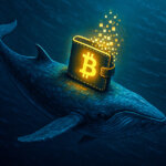 a whale carrying a glowing Bitcoin wallet, symbolizing declining Bitcoin supply per whale to its lowest since 2018 - Cover art/illustration via CryptoSlate. Image includes combined content which may include AI-generated content