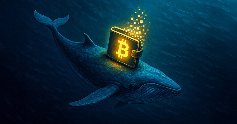 a whale carrying a glowing Bitcoin wallet, symbolizing declining Bitcoin supply per whale to its lowest since 2018 - Cover art/illustration via CryptoSlate. Image includes combined content which may include AI-generated content