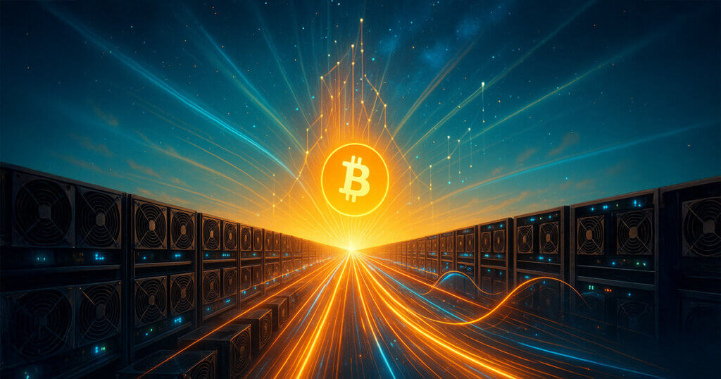 A sprawling, brightly lit Bitcoin mining complex launches flowing streams of orange and blue light toward a radiant Bitcoin sun, symbolizing a planet-scale surge in hashrate to 1 zetahash per second.