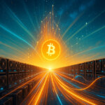 A sprawling, brightly lit Bitcoin mining complex launches flowing streams of orange and blue light toward a radiant Bitcoin sun, symbolizing a planet-scale surge in hashrate to 1 zetahash per second.