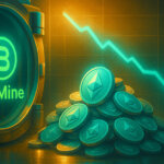 a neon-green BitMine logo glowing on a vault beside a towering pile of teal ETH coins, with a bright descending chart line implying accumulation during a dip.