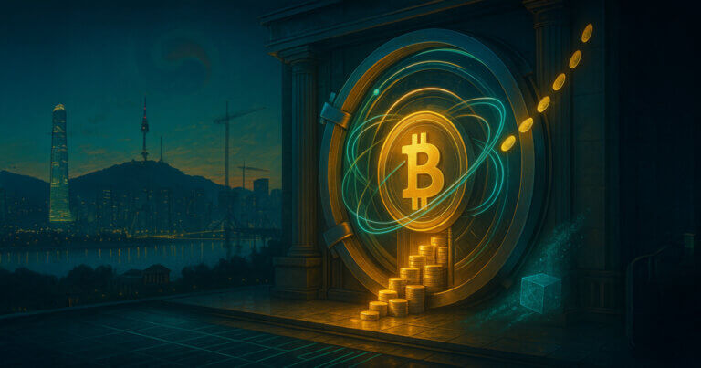 A glowing Bitcoin vault with orbital rings overlooks the Seoul skyline, symbolizing Bitplanet’s $50M SGA acquisition and its push toward top-ten global BTC holdings