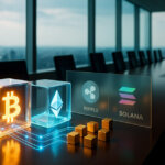 A bright cinematic boardroom scene shows glowing Bitcoin and Ethereum cubes drawing a few institutional blocks while frosted SOL and XRP logos sit behind a translucent divider, signaling unconfirmed ETFs.