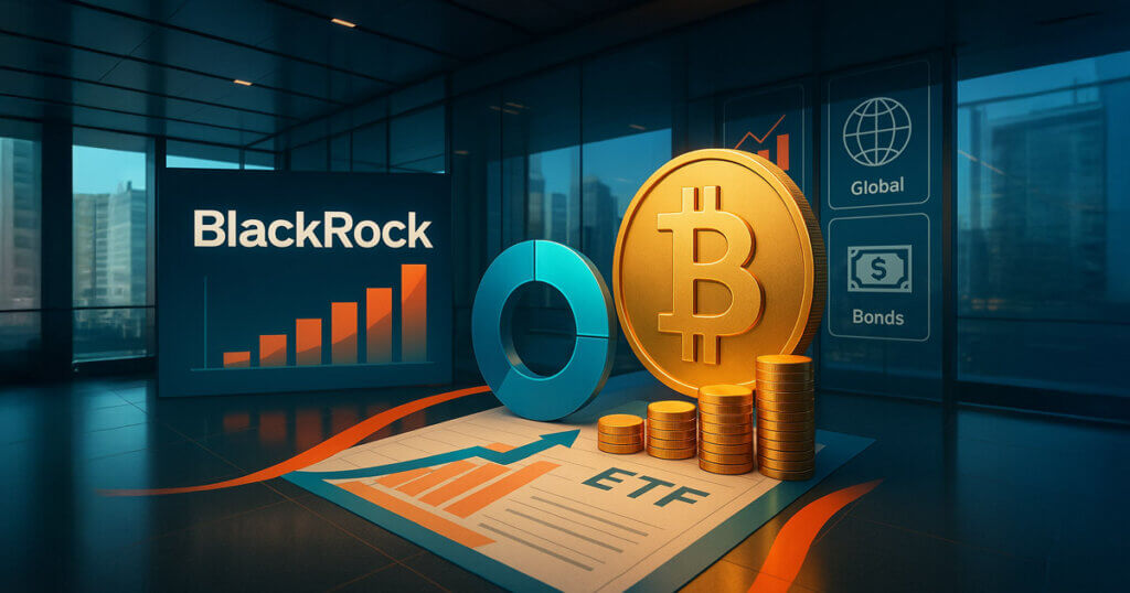 BlackRock’s glass-walled HQ shows a gleaming Bitcoin coin beside a rising allocation ring and ETF chart, all in vivid golds, teals, and electric blues.