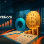 BlackRock’s glass-walled HQ shows a gleaming Bitcoin coin beside a rising allocation ring and ETF chart, all in vivid golds, teals, and electric blues.