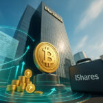 daylight view of a towering BlackRock HQ with a pedestal Bitcoin encircled by glowing covered-call graphs and an iShares-branded briefcase symbolizing a yield ETF.
