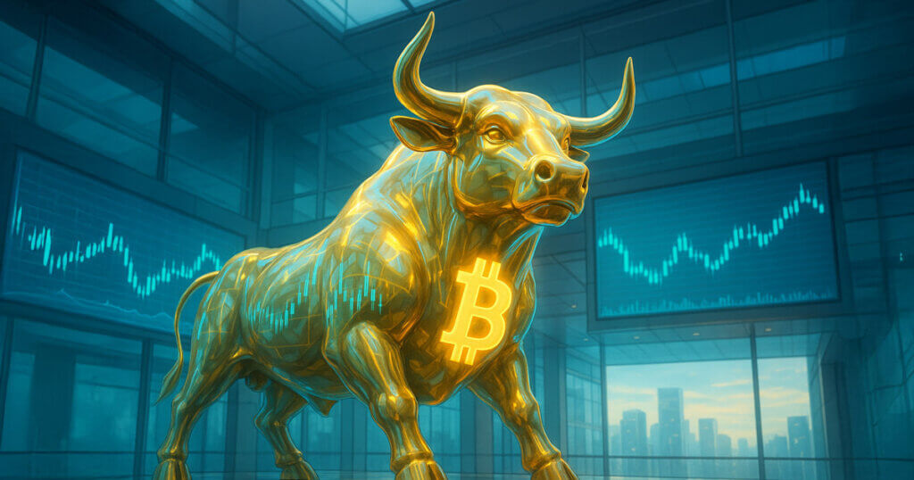 A glowing glass Bitcoin bull statue reflects calm market charts inside a futuristic financial atrium - Cover art/illustration via CryptoSlate.