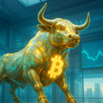 A glowing glass Bitcoin bull statue reflects calm market charts inside a futuristic financial atrium - Cover art/illustration via CryptoSlate.