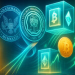 Cinematic split-scene with SEC and CFTC seals woven by a luminous ribbon toward glowing BTC and ETH fund cubes and rising inflow arcs beside marble columns and a bullish skyline.