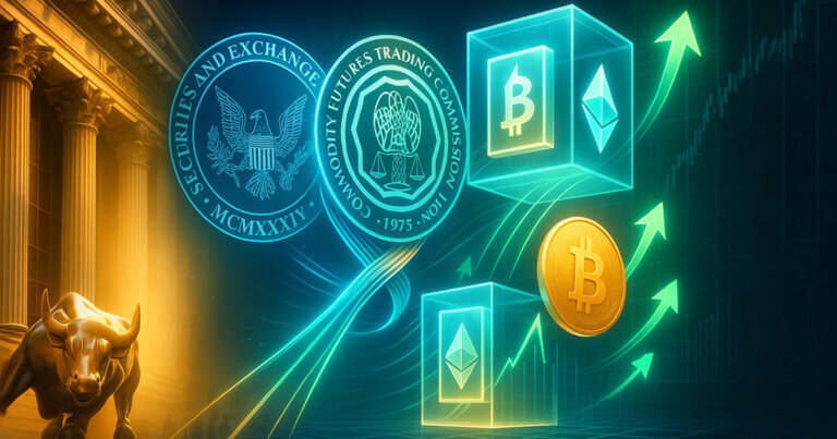 Cinematic split-scene with SEC and CFTC seals woven by a luminous ribbon toward glowing BTC and ETH fund cubes and rising inflow arcs beside marble columns and a bullish skyline.