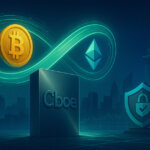 A futuristic 16:9 scene shows the Cboe logo beneath a glowing infinity loop where Bitcoin and Ethereum symbols orbit above secure clearing motifs and a teal city grid.