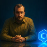 A man sits at a long table beside a glowing Chainlink logo, symbolizing Cardano’s founder criticizing Chainlink’s “absurd” integration cost - Cover art/illustration via CryptoSlate.