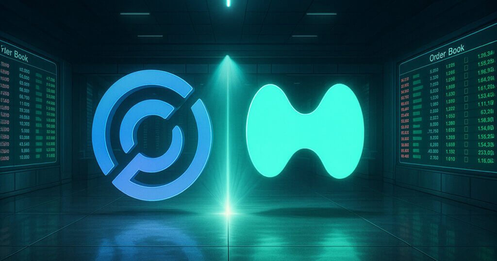 Circle and Hyperliquid logos glow side by side in a futuristic trading hall with digital order books - Cover art/illustration via CryptoSlate.