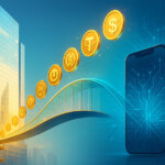 A bright, cinematic 16:9 scene shows a gleaming glass bank tower and an upward-arching glass bridge made of glowing stablecoin tokens leading into a high-tech mobile wallet, with subtle scaffolding beneath the bridge to suggest immature institutional rails.