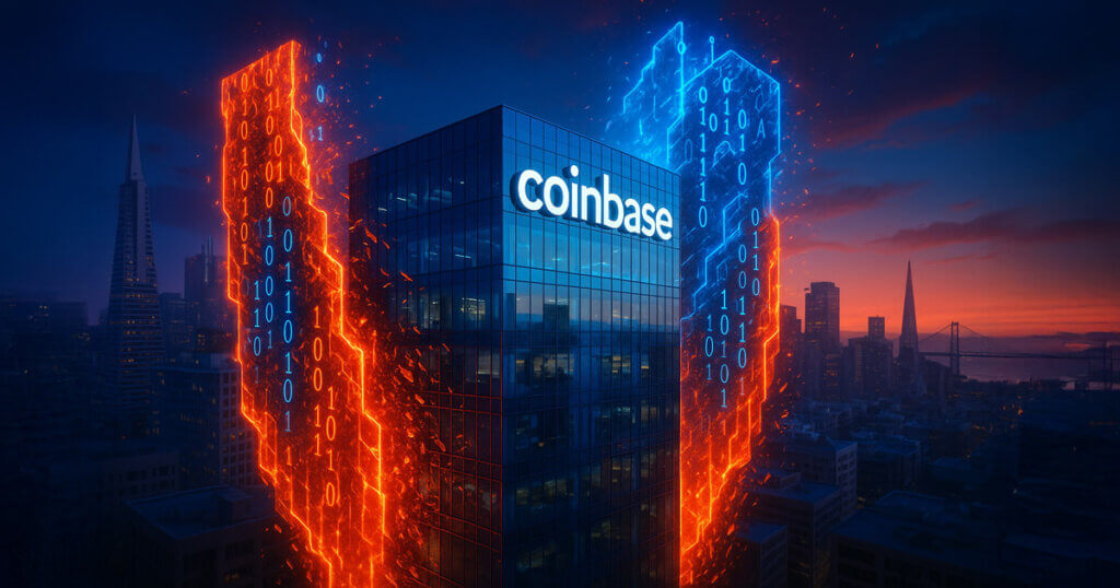 Coinbase HQ depicted under cyber-attack as AI-generated code strains digital firewalls surrounding its San Francisco headquarters - Cover art/illustration via CryptoSlate.