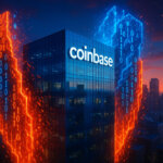 Coinbase HQ depicted under cyber-attack as AI-generated code strains digital firewalls surrounding its San Francisco headquarters - Cover art/illustration via CryptoSlate.