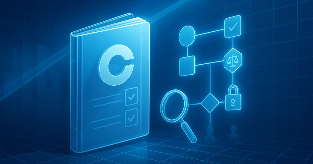 A glass-like guidebook with the Coinbase logo floats amid glowing flowchart nodes, checkmarks, a magnifying glass, and security icons in cool blue lighting, symbolizing transparency and trust.