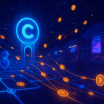A neon-lit bazaar of AI agents streams tiny coins along glowing rails toward futuristic stalls beneath a luminous Coinbase gateway, evoking real-time micropayments in a richly lit 16:9 scene.