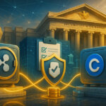 Ripple and Coinbase logo-embossed vaults linked by golden custody lines to a central shield with a checkmark before a sunlit neoclassical regulator building and networked backdrop.