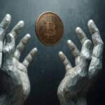 Cracked diamond-like hands release a fading Bitcoin coin against a cold metallic void - Cover art/illustration via CryptoSlate.